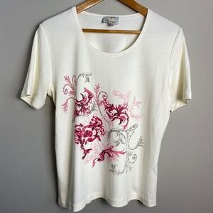 Setterlaine Women's Cream Short Sleeve‎ Bejewelled Accent Floral Print Shirt 10